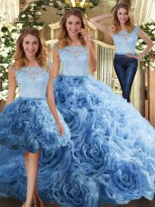 Superior Baby Blue Fabric With Rolling Flowers Zipper Scoop Sleeveless Floor Length 15th Birthday Dress Lace