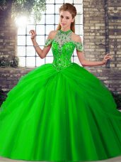 Gorgeous Sleeveless Beading and Pick Ups Lace Up Sweet 16 Dress with Green Brush Train