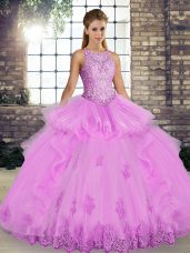 Super Lilac Ball Gowns Tulle Scoop Sleeveless Lace and Embroidery and Ruffles Floor Length Lace Up Quinceanera Dress