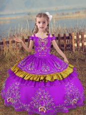 Floor Length Purple Pageant Gowns For Girls Off The Shoulder Sleeveless Lace Up