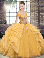 Off The Shoulder Sleeveless Lace Up Quinceanera Gowns Gold Organza