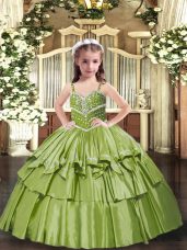 Glorious Olive Green Ball Gowns Beading and Ruffled Layers Girls Pageant Dresses Lace Up Taffeta Sleeveless Floor Length