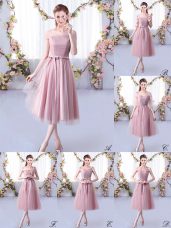 Customized Sleeveless Tulle Tea Length Lace Up Quinceanera Court Dresses in Pink with Belt