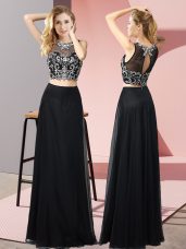 Luxurious Floor Length Two Pieces Sleeveless Black Homecoming Dress Backless