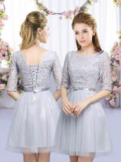 Shining Scoop Half Sleeves Lace Up Bridesmaid Gown Grey Tulle