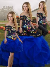 Latest Royal Blue Three Pieces Off The Shoulder Sleeveless Tulle Floor Length Lace Up Embroidery and Ruffles Ball Gown Prom Dress