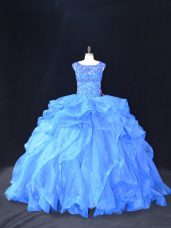 Affordable Brush Train Ball Gowns Quince Ball Gowns Blue Scoop Organza Sleeveless Lace Up
