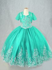 Turquoise Sleeveless Floor Length Beading and Embroidery Lace Up Custom Made Pageant Dress