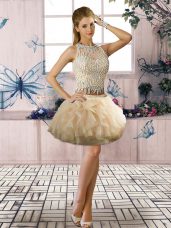 Unique Champagne Prom Party Dress Prom and Party with Beading and Ruffles Scoop Sleeveless Clasp Handle