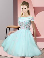 Tulle Off The Shoulder Short Sleeves Lace Up Appliques Quinceanera Court Dresses in Aqua Blue