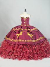 Burgundy Lace Up Quince Ball Gowns Embroidery and Ruffled Layers Sleeveless Brush Train