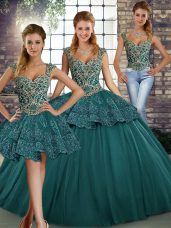 Inexpensive Green Straps Neckline Beading and Appliques Quinceanera Gown Sleeveless Lace Up
