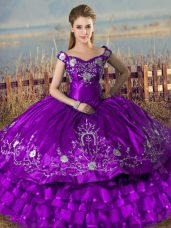 Stylish Sleeveless Floor Length Embroidery and Ruffled Layers Lace Up 15th Birthday Dress with Purple