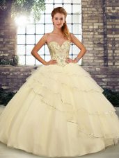 Light Yellow Quinceanera Dress Military Ball and Sweet 16 and Quinceanera with Beading and Ruffled Layers Sweetheart Sleeveless Brush Train Lace Up