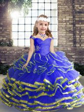 Blue Ball Gowns Tulle Sweetheart Sleeveless Beading and Ruching Floor Length Lace Up Pageant Gowns For Girls