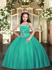 Dazzling Ball Gowns Pageant Dress for Girls Turquoise Straps Tulle Sleeveless Floor Length Lace Up