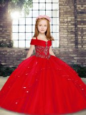 Custom Design Straps Sleeveless Lace Up Glitz Pageant Dress Red Tulle