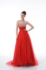Decent A-line Sleeveless Red Prom Gown Zipper