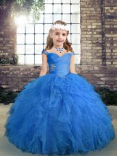High Quality Blue Ball Gowns Beading and Ruffles Little Girls Pageant Gowns Lace Up Tulle Sleeveless Floor Length