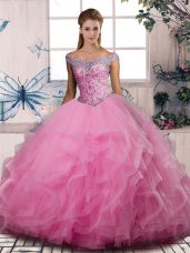High Quality Floor Length Lace Up Ball Gown Prom Dress Rose Pink for Sweet 16 and Quinceanera with Beading and Ruffles