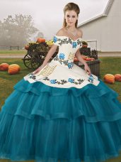 Extravagant Brush Train Ball Gowns Ball Gown Prom Dress Teal Off The Shoulder Tulle Sleeveless Lace Up