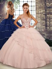 Fashion Peach Quinceanera Gowns Tulle Brush Train Sleeveless Beading and Ruffled Layers
