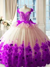 Great Tulle Scoop Sleeveless Brush Train Zipper Hand Made Flower Ball Gown Prom Dress in White And Purple
