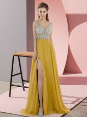 Beauteous Gold Prom Party Dress Prom and Party with Beading V-neck Sleeveless Sweep Train Zipper
