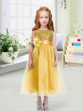 Custom Designed Tea Length Empire Sleeveless Gold Flower Girl Dress Zipper