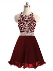 Elegant Mini Length Burgundy Prom Gown Halter Top Sleeveless Lace Up