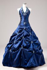 Smart Royal Blue Ball Gowns Halter Top Sleeveless Taffeta Floor Length Lace Up Appliques and Pick Ups Quinceanera Dress