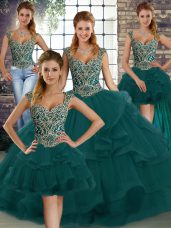Vintage Tulle Straps Sleeveless Lace Up Beading and Ruffles Quinceanera Dress in Peacock Green