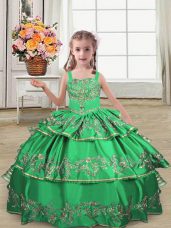 Green Straps Neckline Embroidery and Ruffled Layers Little Girls Pageant Dress Wholesale Sleeveless Lace Up