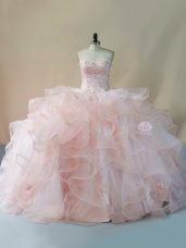 Deluxe Tulle Sweetheart Sleeveless Brush Train Lace Up Beading and Ruffles and Hand Made Flower Vestidos de Quinceanera in Pink
