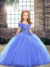 Blue Ball Gowns Beading Pageant Dress for Girls Lace Up Tulle Sleeveless