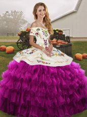 Extravagant Fuchsia Organza Lace Up Off The Shoulder Sleeveless Floor Length Sweet 16 Dress Embroidery and Ruffled Layers