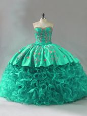 Enchanting Green Sleeveless Embroidery and Ruffles Lace Up Vestidos de Quinceanera