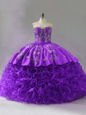 Purple Ball Gowns Embroidery and Ruffles Quinceanera Dresses Lace Up Fabric With Rolling Flowers Sleeveless