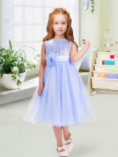 Pretty Sleeveless Tea Length Sequins and Hand Made Flower Zipper Toddler Flower Girl Dress with Lavender