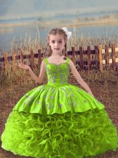 Yellow Green Lace Up Straps Embroidery Little Girl Pageant Dress Fabric With Rolling Flowers Sleeveless Sweep Train