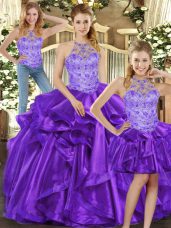 Romantic Floor Length Purple Sweet 16 Dresses Organza Sleeveless Beading and Ruffles