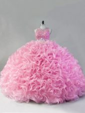 Top Selling Pink Fabric With Rolling Flowers Zipper Scoop Sleeveless Floor Length Quinceanera Gowns Beading