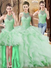 Lace Up Quince Ball Gowns Apple Green for Sweet 16 and Quinceanera with Beading and Ruffles Brush Train