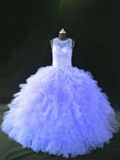 Lavender Tulle Lace Up Scoop Sleeveless Floor Length Quinceanera Dress Beading and Ruffles