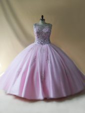 Comfortable Baby Pink Tulle Lace Up Sweet 16 Dress Sleeveless Floor Length Beading