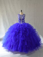 Royal Blue Scoop Neckline Beading and Ruffles 15 Quinceanera Dress Sleeveless Lace Up