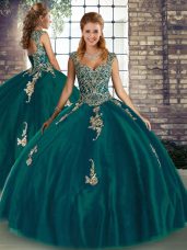 Stylish Floor Length Peacock Green Sweet 16 Dresses Straps Sleeveless Lace Up