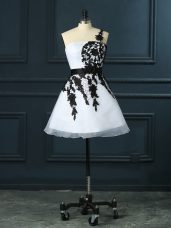 Sleeveless Organza Mini Length Lace Up Dress for Prom in White with Lace and Appliques
