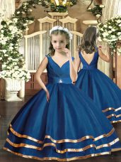 High End Navy Blue Ball Gowns V-neck Sleeveless Organza Floor Length Backless Beading Little Girl Pageant Dress