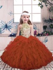 Custom Made Floor Length Rust Red Little Girl Pageant Gowns Tulle Sleeveless Beading and Ruffles
